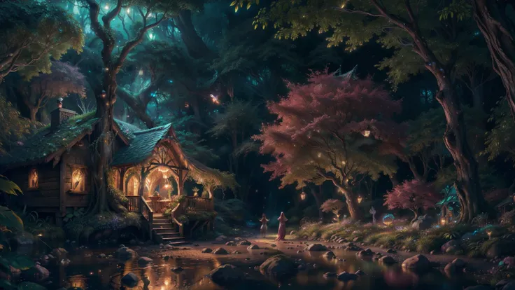 (best quality,4k,8k,highres,masterpiece:1.2),ultra-detailed,(realistic,photorealistic,photo-realistic:1.37),vibrant colors,bokeh,(dreamlike,fantasy,enchanted:1.2),fairy,fairies,houses,village,little beings,enchanted forest,glimmering lights,glowing ,colorf...