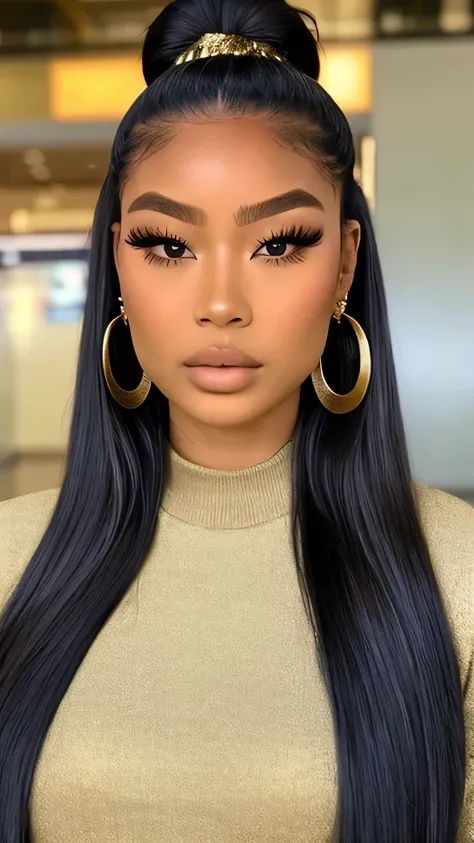 (best quality)), ((masterpiece)), (detailed), perfect face Blasian Woman ultra realistic beautiful girl thick lips ripped jeans gold earring thick eyelashes sad face at the airport wearing a sweater and sweatpants waiting for the plane to arrive hair in a ...