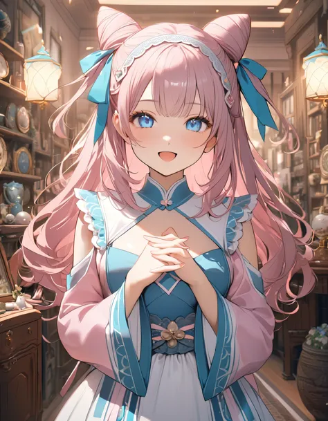 (8K, best quality, master piece: 1.2),super high resolution,1igirll,solo,16yo,ultra-detailed face,ultra-detailed eyes,blue eyes,(pastel pink hair:1.2),(cone hair bun:1.4),cyan shrine maiden Maid,lace hairband,cowboy shot,looking at viewer,:d,put one hands ...