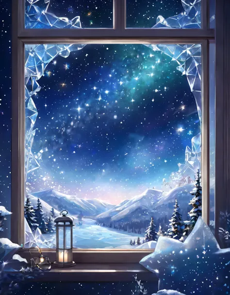 Scenery of a sparkling starry sky seen from a window made of lots of ice