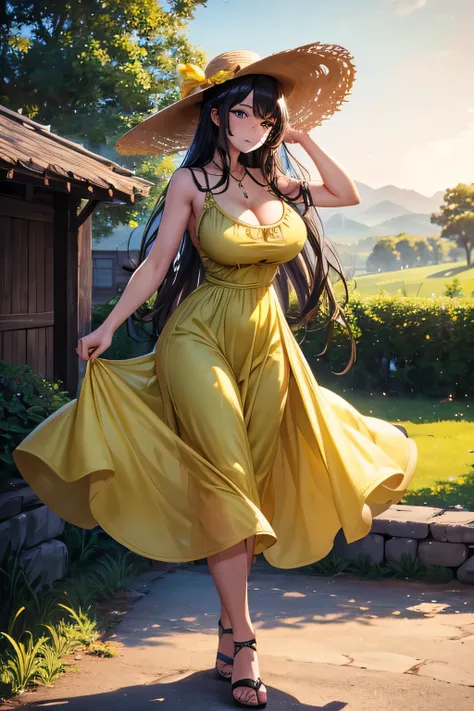 Beautiful, gorgeous, ((masterpiece)), ((detailed)), ((high quality)), 8k, one woman, ((detailed face)), black hair, green eyes, big breasts, full body, wide hips, (wearing tight yellow sundress), wearing sun hat, standing outside old stone house, rural vil...