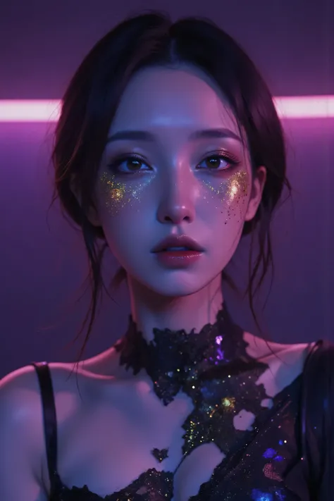 80’s glam rock makeup on shiny android face, anime, 2.5D, Glittery face, moody lighting, (purples, pinks, and blues), iridescent face, abstract ai model, pretty, sexy, minimal, sleek, slender, asian, elegant, chic, futuristic, retro, sophisticated half hum...