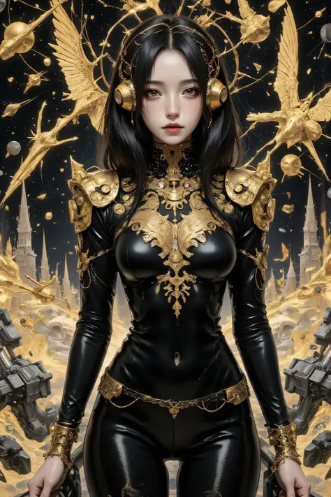 ((best quality)), ((masterpiece)), (detailed), perfect face of cyberpunk mecha japanese girl, shiny black eyes, shiny black body, shiny black hair, ((monochromatic black color palette)), surreal, art nouveau, in the illustrative style of moebius, spaceship...