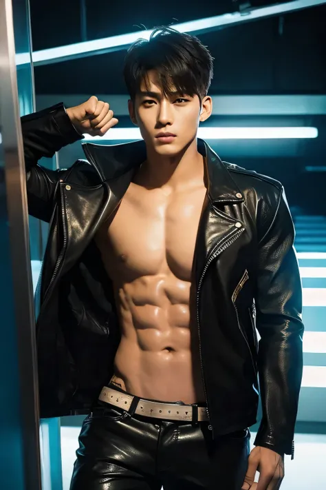 (Detailed face:1.3), 8k, photorealistic, best quality, (insanely detailed:1.3), Korean Pop Idol, very handsome Korean man, tattoos, (very muscular:1.3), prominent veins, abs, tall, (very tanned skin:1.3), bangs, red short hair, looking at viewer, from belo...