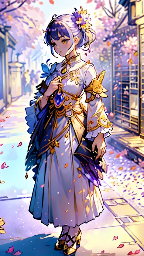 (Background with lots of falling petals:1.2)、Beautiful Perfume Bottle 、 Purple Silhouette 、White background、 Golden Flowers Scattered、 bright lights on the Ped、 container design 、 Delicate Design 、a masterpiece、 A masterpiece、 High Quality 、High precisio...