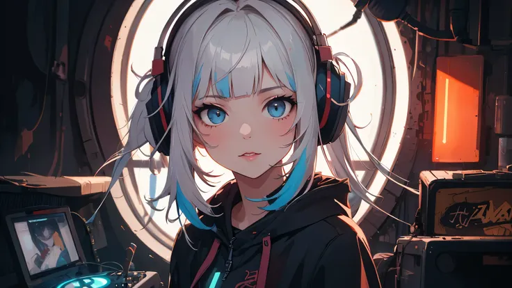 A close-up portrait of a charming albino girl, a DJ in the style of Anna Dittman, by Jeremy Mann, dressed in futuristic attire. The painting is executed in the manner of Gustave Moreau, with a resolution of 32 pixels. The girl is standing at the DJ consol...