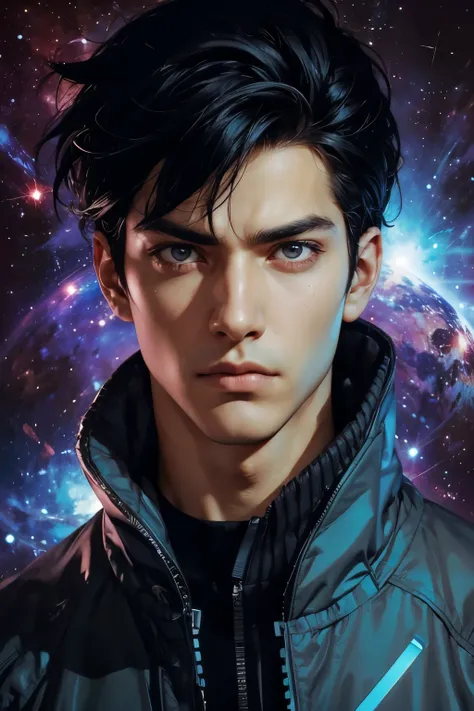 Upper body close-up image. A beautiful man. An image of being intelligent and strong-willed. Black hair. He is looking at the camera with a defiant expression. He is twenty-seven years old. he is wearing a jacket. An image of a parallel universe in space b...