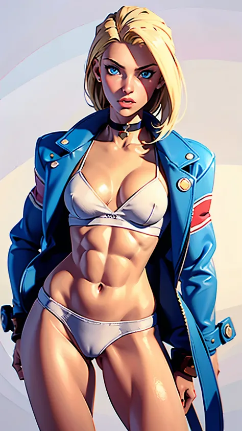 obra de arte, melhor qualidade, {melhor qualidade}, {{obra de arte}}, {alta resolução}, 1girls, abs, blonde hair, blue eyes, bottomless, breasts, choker, clitoral, hood, clitoris, jacket, large breasts, leaning back, long labia, looking at viewer, navel, p...