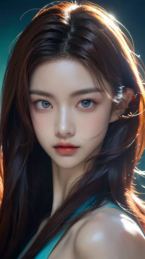 (masterpiece, highest quality, highest quality, Official Art, beautifully, aesthetic:1.2), Portrait Photography, (Cyberpunk beautiful girl 1 person), Big iridescent eyes, Beautiful skin, (Pink and blue long hair with bangs), Very detailed, (Neon colored fr...