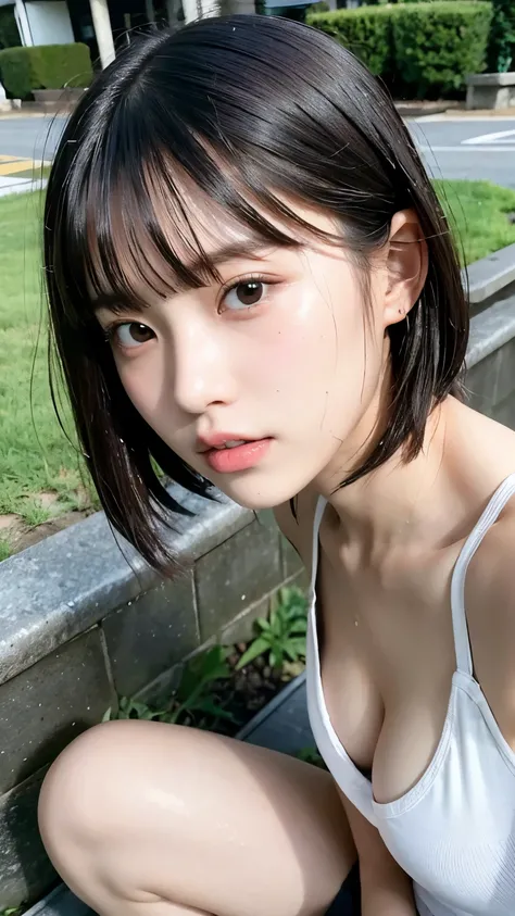 Best quality,raw photo  , 19 years old Japanese female idol,(face foucs, face closeup ),from below , selfie , POV , dynamic angle,lying on ground, grab crotch, (Spread legs,) (nude)  ,splash from crotch,Short hair, bowl cut ,cute face  ,edgy,droop  ,wet ,