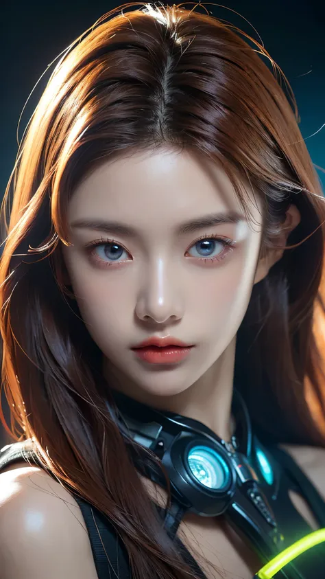 (masterpiece, highest quality, highest quality, Official Art, beautifully, aesthetic:1.2), Portrait Photography, (Cyberpunk beautiful girl 1 person), Big iridescent eyes, Beautiful skin, (Pink and blue long hair with bangs), Very detailed, (Neon colored fr...