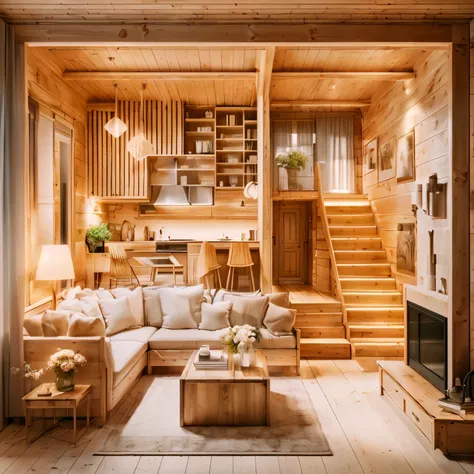 a close up of a living room with a couch and a table, warm interior, luxurious wooden cottage, inside a cozy apartment, warm interiors, beautifully detailed render, wooden house, designed for cozy aesthetics!, realistic architecture, peaceful wooden mansio...