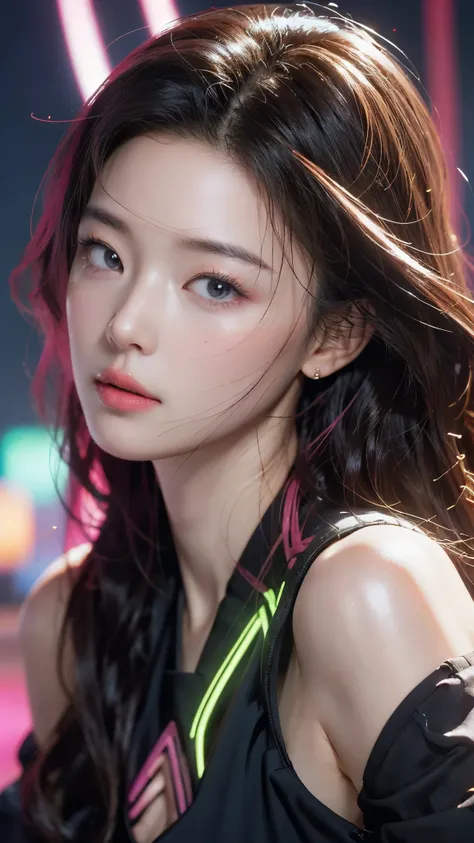 (masterpiece, highest quality, highest quality, Official Art, beautifully, aesthetic:1.2), Portrait Photography, (Cyberpunk fashion beautiful girl 1 person), Big iridescent eyes, Beautiful skin, Expressionlesoderate breast size, (Pink and blue long hair w...
