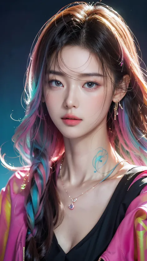 (masterpiece, highest quality, highest quality, Official Art, beautifully, aesthetic:1.2), Portrait Photography, (Cyberpunk fashion beautiful girl 1 person), Big iridescent eyes, Beautiful skin, Expressionlesoderate breast size, (Pink and blue long hair w...