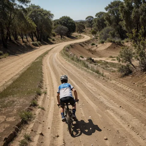  boy riding a cross bike ,  The terrain on the road is full of flying dust 