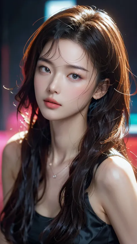 (masterpiece, highest quality, highest quality, Official Art, beautifully, aesthetic:1.2), Staring at the viewer, Portrait Photography, (Cyberpunk beautiful girl 1 person), Big iridescent eyes, Beautiful skin, (Pink and blue long hair with bangs), Very det...