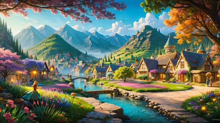  bright landscape painting of the town of elves、 100 fantasy elements 、There are many elves 