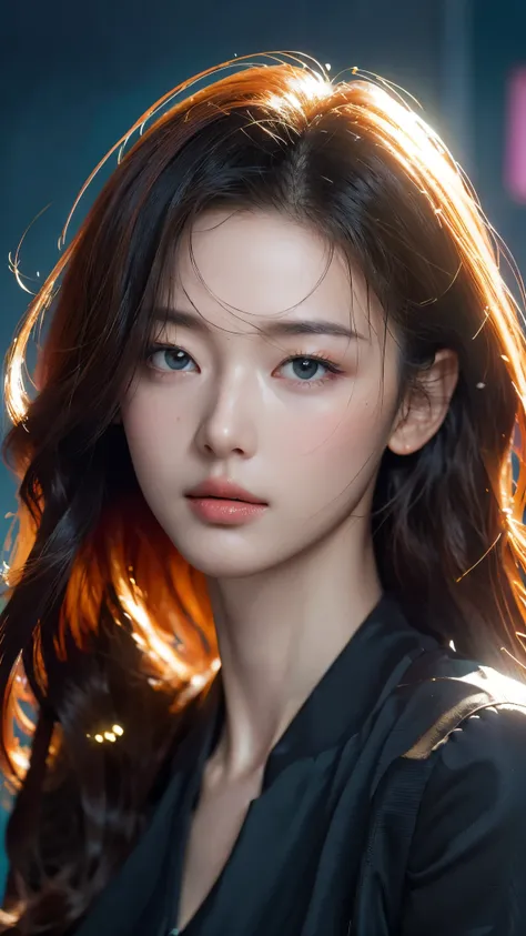 (masterpiece, highest quality, highest quality, Official Art, beautifully, aesthetic:1.2), Staring at the viewer, Portrait Photography, (Cyberpunk beautiful girl 1 person), Big iridescent eyes, Beautiful skin, (Pink and blue long hair with bangs), Very det...