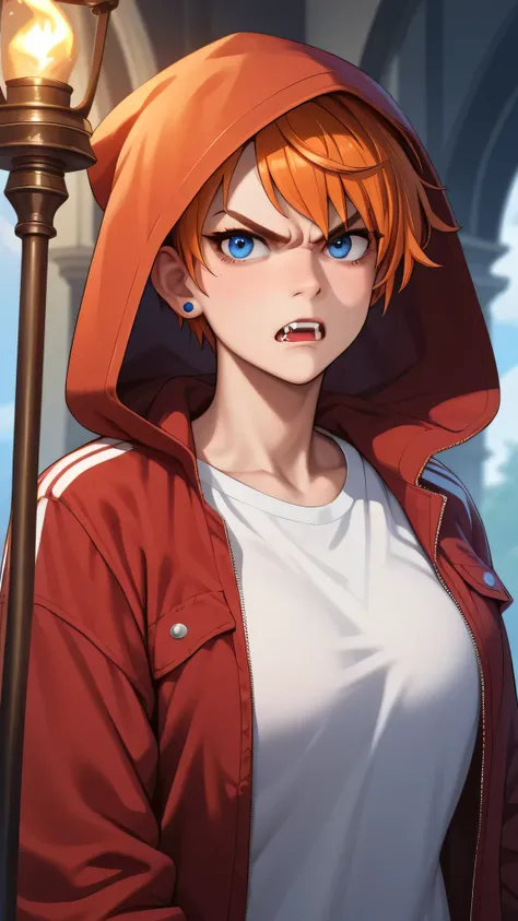 Score_9, Score_8_up, Score_7_up, Score_6_up, Score_5_up, Score_4_up, Source_anime, Tag1, Tag2, Quality_masterpiece, Anatomically correct, Detailed skin, 1girl, angry face, orange hair, pixie cut hair, red Parka jacket, wearing Hood on the head, lizard hodd...