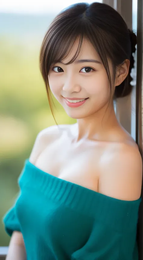 masterpiece,best quality,(Japanese girl),((Beautiful girl)),cleavage,(off shoulder:1.2),(perfect body beauty:1.2),(shy smile),From slightly above