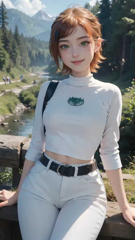 Gwen tennyson,(best qualityer,4K,8k,high resolution,work of art:1.2)(weather: cloudy), forest mountain background, forest road, freckles, teenager, white top cat logo, blue sleeves, white capri pants, white sneakers, hair pin, winter belt, eyeliner, short ...