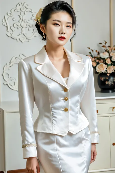 A Korean man in ladies vintage suit dress, big breast like a woman, slender female body, His hairstyle is short and manly, white, satin, long sleeves, short jacket, mermaid skirt, silk