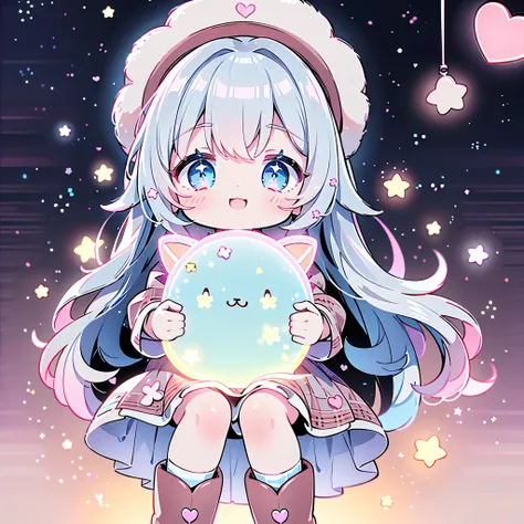 face close-up、 chocolate plate icon holding a heart cushion 、 hugging a heart cushion 、 chibi、cute love fairy、cute、 cute face 、( beautiful eyes 、 Look at the blackboard )、( Maximum Details 、The best configuration、 Perfect Anatomy )、Ful...