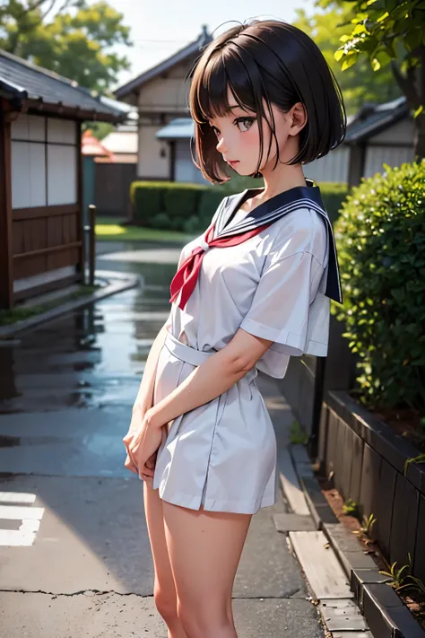 Perfect composition, Proper placement, Golden Ratio, masterpiece,  best quality,  high definition ,  one Japanese Girl,  Beautiful Japanese Woman, full body focus, full body shot, , standing:1.331, from side,  Wearing a Japanese High School Sailor Suit:1.3...