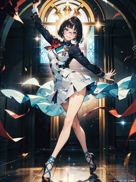 anime - style illustration of a woman in a transparent high school uniform, dance video game character, official character art, trending on e-girl, feminine, full body, female action anime girl, Posing:1.5, blunt bangs, glasses, (tanned:1.0), looking at vi...