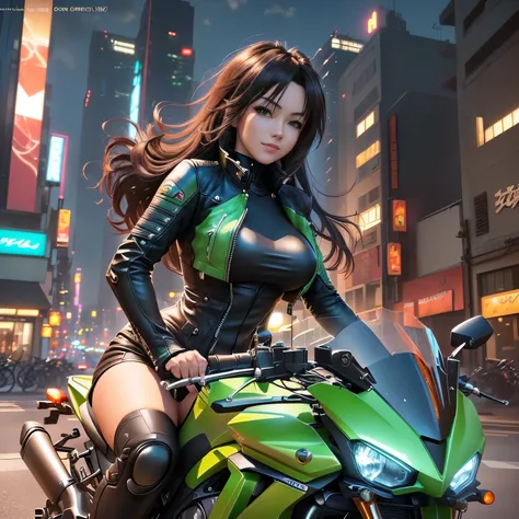 there is a woman sitting on a green motorcycle in the city,  motorcycle, happy !!!, , motorcycle,[ Photo ]!!,  high definition ,Sit on a cyberpunk bike ,  8k artgerm bokeh ,  realistic animated 3D style , Ultra realistic anime,  Photorealistic Anime  girl ...