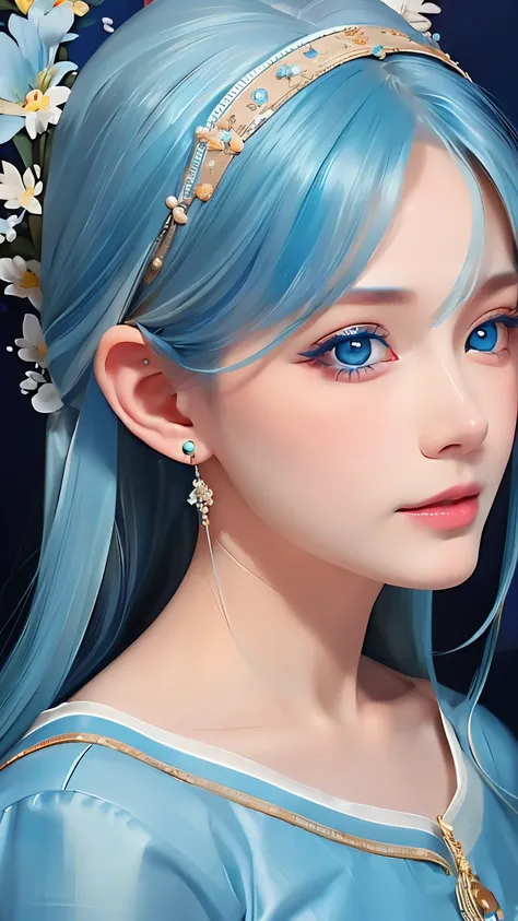 (lifelike:1.4), best quality, masterpiece, ultra high resolution, 1 girl, (Detailed face:1.2), (Delicate blue eyes:1.2), (Detailed blue hair:1.2), (Detailed clothes:1.2), 4K, (detailed color:1.2), Sky, cloud, earrings, facing right,