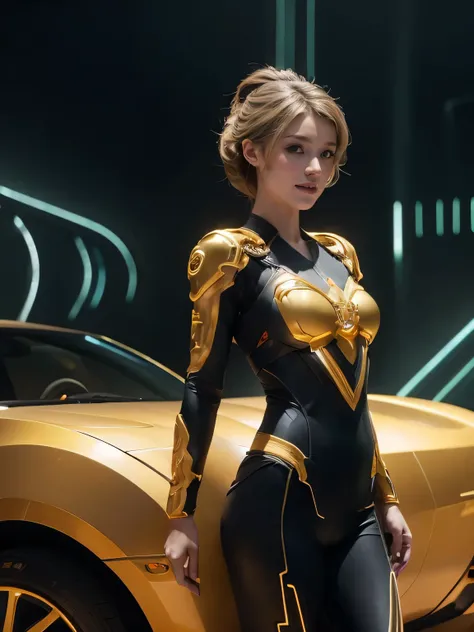medium display, Mid Shot, written boundary depth , Bust, take a picture of your whole body , Movie Angles , masterpiece, best quality , very detailed, CG, 8k wallpaper, beautiful face, Delicate Eyes, Otome, Alone, smile, has , Tron suit 、 gold ...