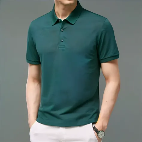 a man in a green shirt and white pants posing for a picture, in a dark teal polo shirt, in a dark green polo shirt, wearing polo shirt, wearing a dark blue polo shirt, modern casual clothing, ( ( dark green, short sleeves, dark green, green shirt, casual m...