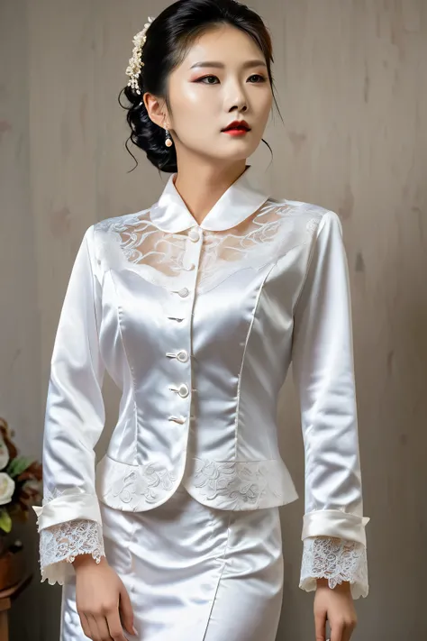 A Korean man in ladies vintage suit dress, big breast like a woman, slender female body, His hairstyle is short and manly, white, satin, long sleeves, lace decorated costume, short jacket, mermaid skirt, silk