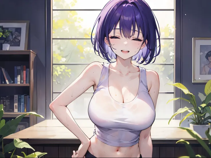 (Laughing face, big smile), 1 girl, upper body, (facing viewer, looking viewer), (closed eyes), (purple hair, straight hair, very short hair, large breast), ((white tank top)), collarbone, (indoor, home), Sharp Focus, (Best Quality, masterpiece, detailed, ...