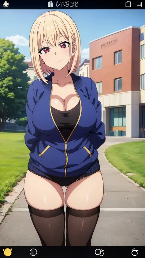 (((masterpiece))),fuyumi itadori, Anime girl characters, 1girl, solo, looking at viewer, medium hair long sleeves, cleavage, bigger breasts, closed mouth, collarbone, jacket, open clothes, open jacket, blue jacket, ground vehicle, sports bra, tall girl, ho...