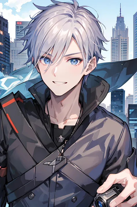 Young man, grey hair, blue eyes, toothy smile face, handsome man, jacket casual wear clothes, modern style cool boy, bad boy, tall man, close up camera, city background