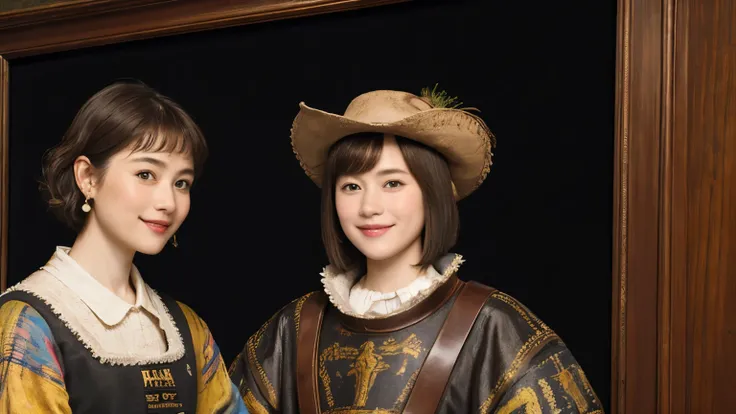 328 (Horse and 20-year-old woman ), ( super real ), (horse barn、There is a horse), ( short hair), (smile), (( gorgeous costume、 colorful )), (( Rembrandt-style painting))