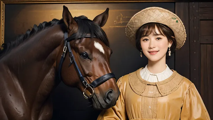 328 (Horse and 20-year-old woman ), ( super real ), (horse barn、There is a horse), ( short hair), (smile), (( gorgeous costume、 colorful )), (( Rembrandt-style painting))