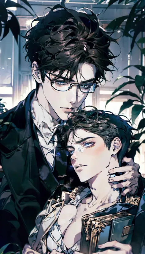 1 boy，male，young people，pale boy，plant，flowers，Low screen contrast，high brightness，Black hair，Glasses，blue eyes，soft light lighting，soft focus，, anime big breasts, Impressionism, movie lighting, close up, ultra high definition, masterpiece, high detail，boo...