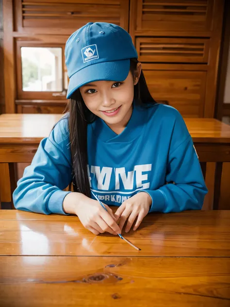  A 30-year-old female Chinese carpenter makes the table out of wood.  he wears blue work clothes and a blue hat .  The JSP logo is written on his hat and garment . Smiling expression.  The furniture material used to make the table must be 、 natural light b...