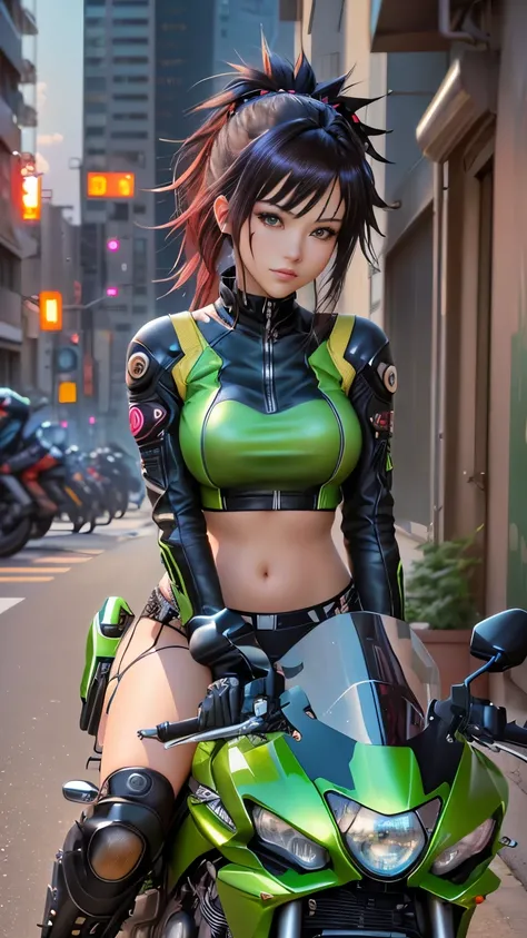 there is a woman sitting on a green motorcycle in the city, サイバー Sitting on a Punk Motorbike ,  8k artgerm bokeh ,  realistic animated 3D style ,there is a woman sitting on a green motorcycle in the city,  motorcycle, happy !!!, , motorcycle,[ Photo ]!!,  ...