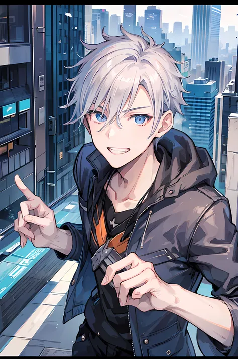 young man, grey hair, blue eyes, toothy smile face, handsome man, jacket casual wear clothes, modern style cool boy, bad boy, ta...