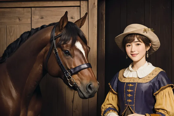 328 (Horse and 20-year-old woman ), ( super real ), (horse barn、There is a horse), ( short hair), (smile), (( gorgeous costume、 colorful )), (( Rembrandt-style painting))