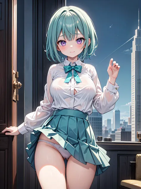 Highly detailed, high quality, masterpiece, beautiful, (all photo shooting), girl student girl, Nemo Anemo character, perfect eyes, purple eyes, light eyes, blushing face, happy face, big thighs, medium breast, short hair, turquoise green hair, wearing whi...