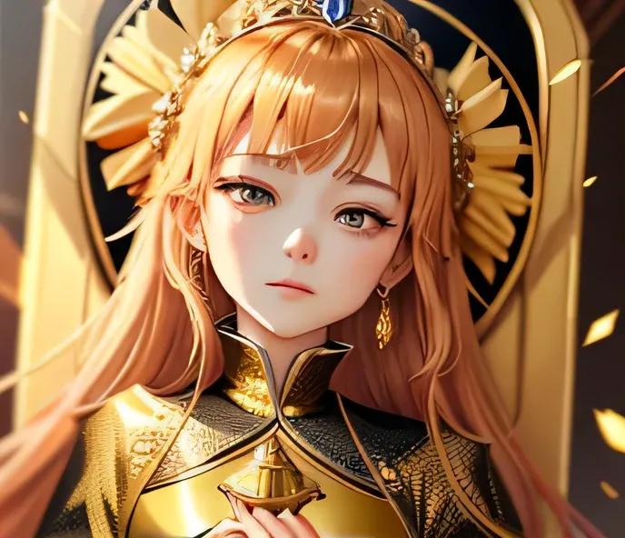 a woman in a golden dress  sitting on a throne ,  An anime drawing inspired by Li Chevalier ., trend on pixiv, renaissance, sentado en un golden throne , sitting on a golden throne ,  Queen and ruler of the universe , sitting on golden throne , sitting on ...