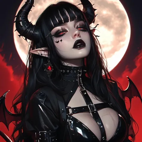 ((masterpiece)) , ((highres)), ((full moon background)), a beautifully female,  ((long black hair)), demon horns, demon tail, de...