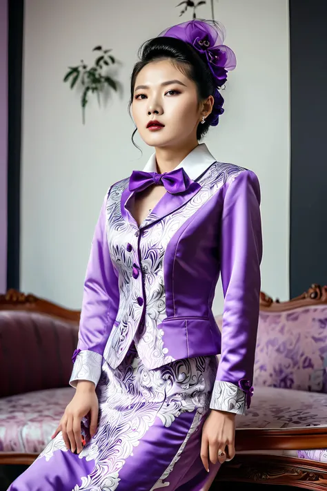 A Korean man in ladies vintage suit dress, big breast like a woman, slender female body, His hairstyle is short and manly, white purple, satin, long sleeves, short jacket, mermaid skirt, silk, sit quietly