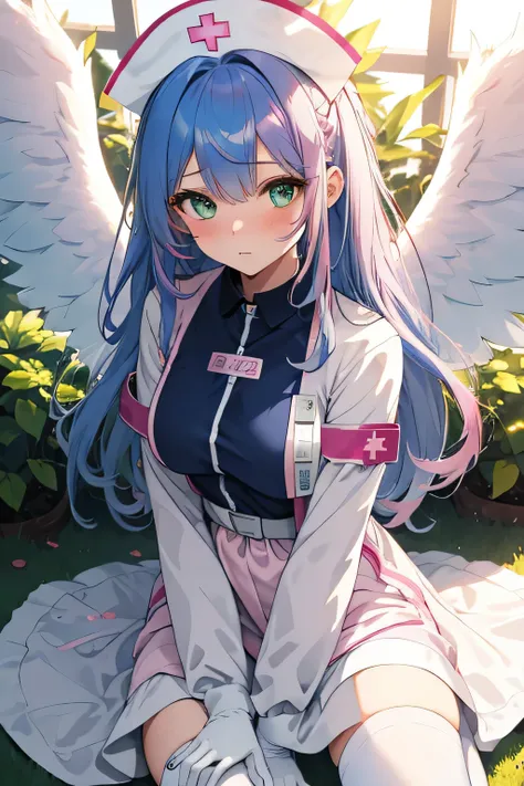 (masterpiece, best quality, 8k, super detailed:1.3), beautiful, 1girl, looking to the side, (blue hair, pink dip-dye hair:1.3), very long hair, sidelock, wavy hair, (green eyes:1.2), big eyes, (with angel wings on back:1.3), huge breasts, (dress, nurse, pu...