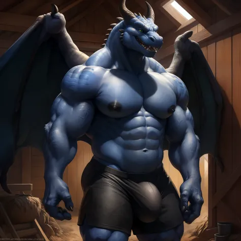 front view, close up view, third person view, a beautiful and detailed portrait of a male dragon ((muscular, blue body, black skin, abs, big pecs, big pecs, buff, green eyes)), black horns, wings, tail, kenket, voluptuous, Ross Tran,ruan jia, trending on a...